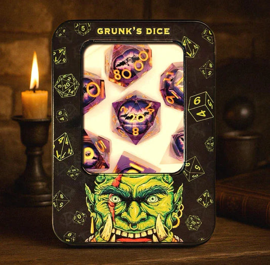 The Lich's Eye purple dragon eye dice set on table
