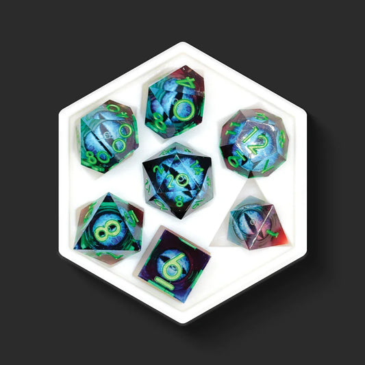 Green Sapphire blue and green dragon eye dice set top view