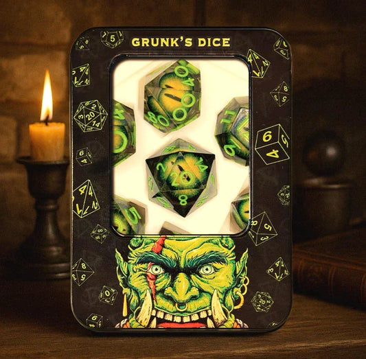 Eye of the Swamp God green dragon eye dice set on table