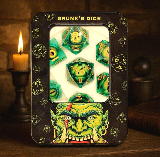 Golden Moss Eye green purple dragon eye dice set on table