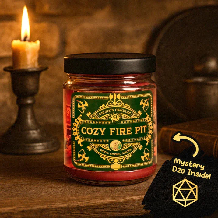 Grunk's Candles Cozy Fire Pit with mystery d20 on table